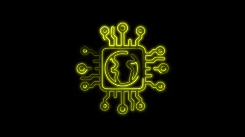 Glowing neon Technology World Chip icon isolated on black background. HD Vi.. Stock Footage 316237424