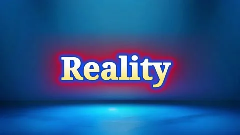 Glowing neon text displaying reality against dark blue studio background with Stock Footage 345546575