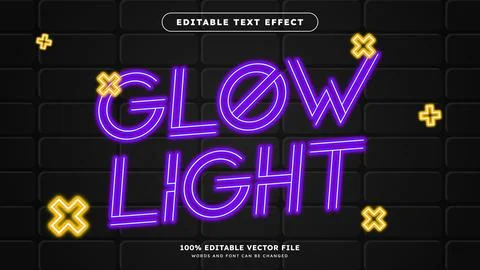 Glowing neon text effect on the brick wall background Text glows in the dark Stock Illustration
