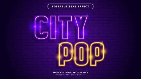 Glowing neon text effect on the brick wall background Text glows in the dark Stock Illustration