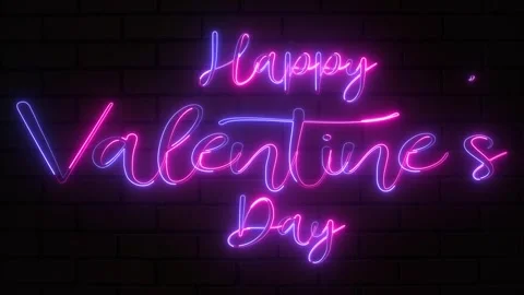 Glowing neon text Happy Valentine's Day, isolated on a brick wall. Concepts.. Stock Footage 295405697