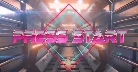 Glowing neon text 'PRESS START' floating in space tunnel with diamond frame, 스톡 일러스트