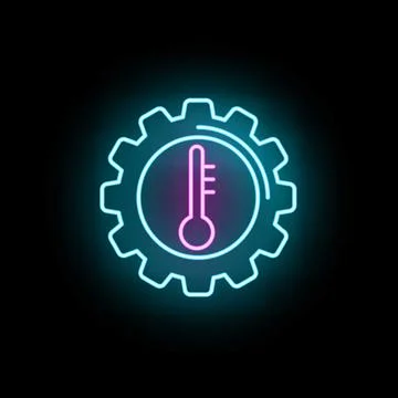 Glowing neon thermometer inside a gear symbol on a black background 库存插图