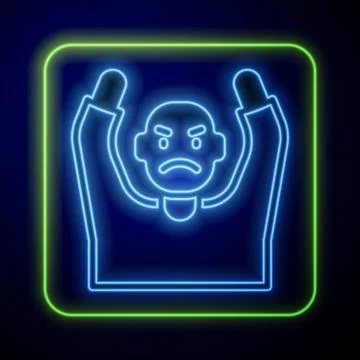 Glowing neon Thief surrendering hands up icon isolated on blue background. Man Stock Illustration