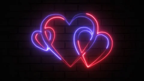 Glowing neon three heart shape suit icon. Red and blue color neon three hea.. Stock Footage 295934234