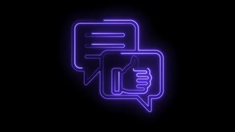 Glowing neon thumbs up like icon and speech bubbles animation on black back.. Stock Footage 345998663