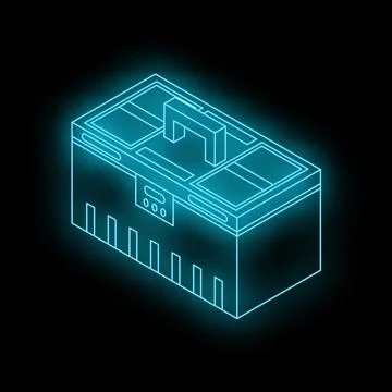 Glowing neon toolbox on black background representing construction Stock Illustration