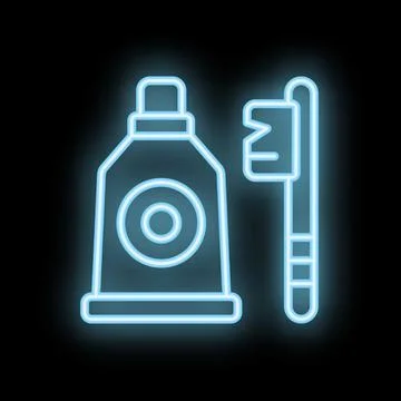 Glowing neon toothpaste and toothbrush on black background Illustrazione stock