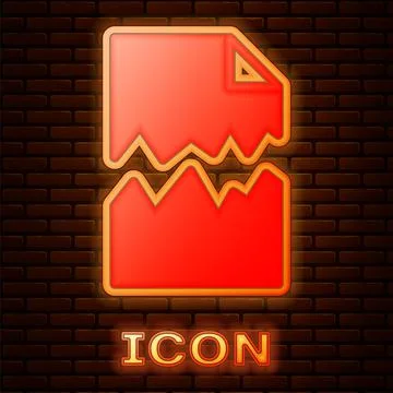 Glowing neon Torn document icon isolated on brick wall background. Vector Illustrazione stock