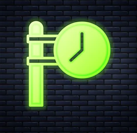 Glowing neon Train station clock icon isolated on brick wall background. Vector Illustrazione stock