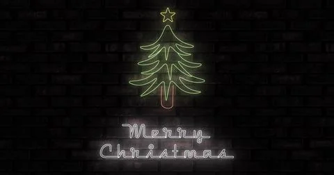 Glowing neon tree, yellow star, pink trunk and Merry Christmas casting soft Ilustración de archivo