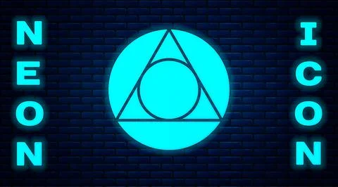 Glowing neon Triangle math icon isolated on brick wall background. Vector Stock Illustration