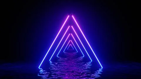 Glowing neon triangle with reflections in water surface. Abstract background Stock Illustration