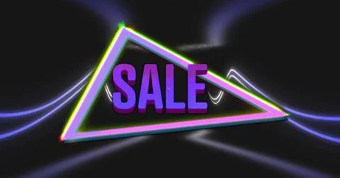 Glowing neon triangle sitting on dark glossy plane, showing purple 3D SALE text Stock Illustration