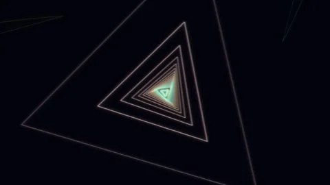 Glowing neon triangle tunnel moving through dark space Stock Footage 336353184