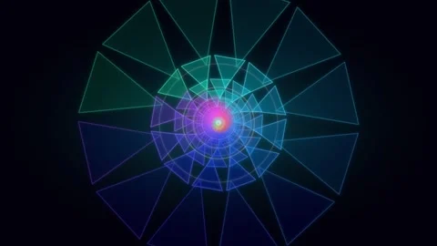 Glowing neon triangle tunnel zoom on black background Stock Footage 335940997