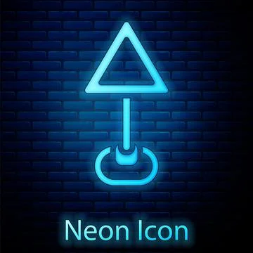 Glowing neon Triangle warning blank icon isolated on brick wall background 스톡 일러스트