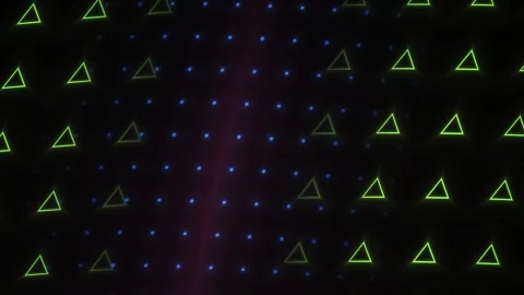 Glowing neon triangles on dark background with white dots. Stock Footage 336239329