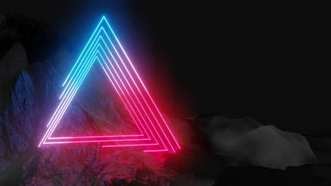 Glowing neon triangles on dark background 库存插图