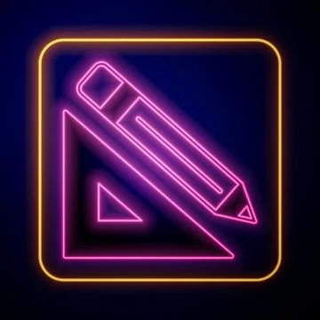 Glowing neon Triangular ruler and pencil icon isolated on black background Illustrazione stock