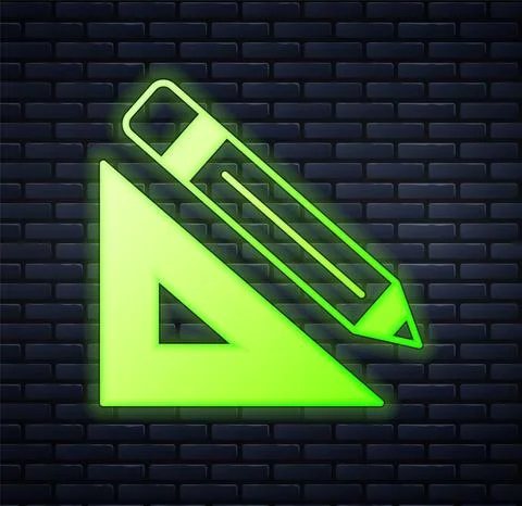 Glowing neon Triangular ruler and pencil icon isolated on brick wall background Stock Illustration