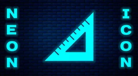 Glowing neon Triangular ruler icon isolated on brick wall background Ilustración de archivo