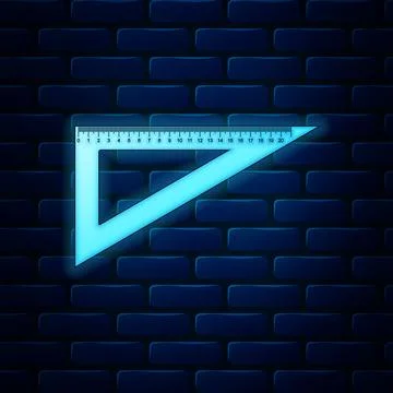 Glowing neon Triangular ruler icon isolated on brick wall background 스톡 일러스트