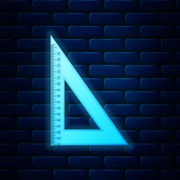 Glowing neon Triangular ruler icon isolated on brick wall background 스톡 일러스트