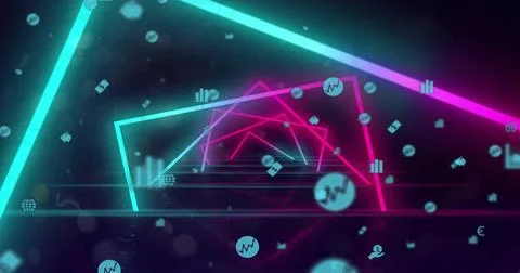 Glowing neon triangular tunnel forming receding data corridor, with glossy floor Stock Illustration