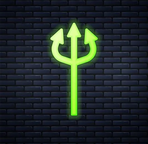 Glowing neon Trident devil icon isolated on brick wall background. Happy Stock Illustration