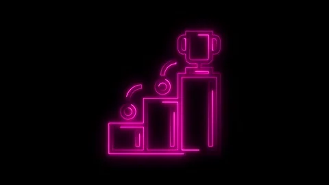 Glowing neon trophy on podium with ascending steps and circles representing.. Stock Footage 314700976
