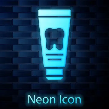 Glowing neon Tube of toothpaste icon isolated on brick wall background. Vector Stock Illustration