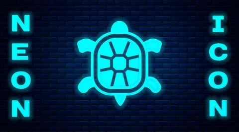 Glowing neon Turtle icon isolated on brick wall background. Vector Stock Illustration