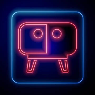 Glowing neon TV table stand icon isolated on black background.  Vector Stock Illustration