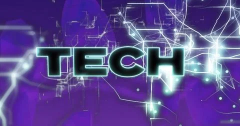Glowing neon typography displaying TECH on data network backdrop with circuit Stock Illustration