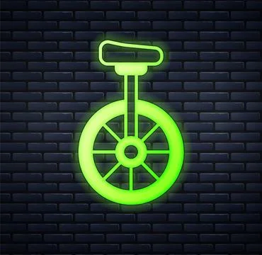 Glowing neon Unicycle or one wheel bicycle icon isolated on brick wall back.. Ilustração Stock