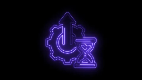 Glowing neon upgrade process illustration with gear hourglass and arrow on .. Stock Footage 346005731
