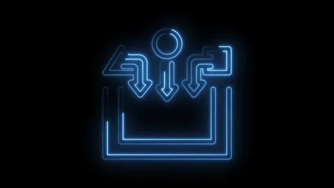Glowing neon upload box animation with arrows and circle elements on black Video stock 330782517