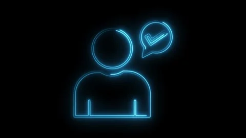 Glowing neon user with checkmark speech bubble on black background animation Stock Footage 308903041