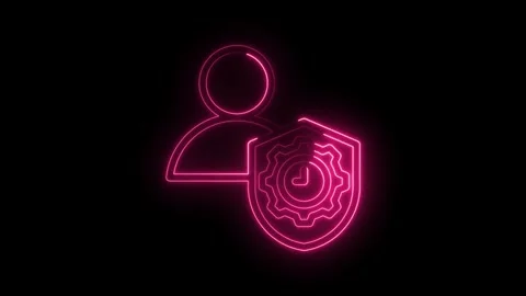 Glowing neon user with shield and gear animation on black background for Stock Footage 330785552
