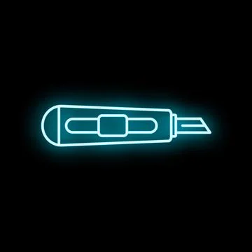 Glowing neon utility knife line icon on black Stock Illustration