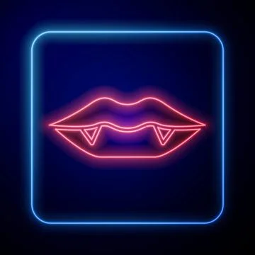 Glowing neon Vampire teeth icon isolated on blue background. Happy Halloween Stockillustratie