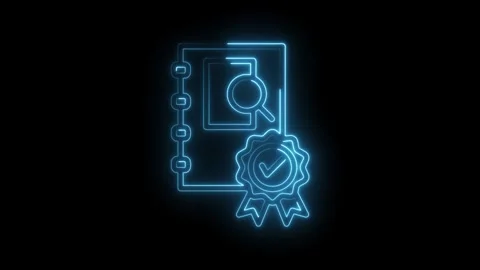Glowing neon verification process on notebook with magnifying glass on dark.. Stock Footage 312319205