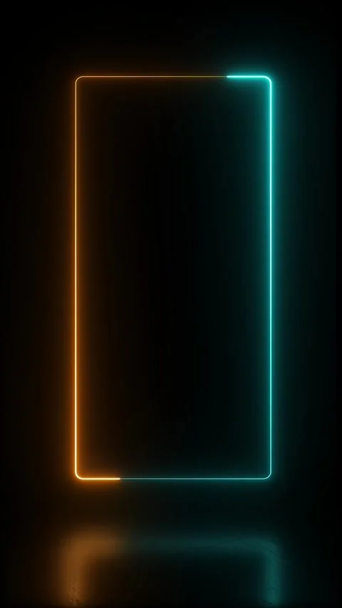 Glowing neon vertical frame loop in golden and cyan lights with reflecting floor Stock Footage 336963084