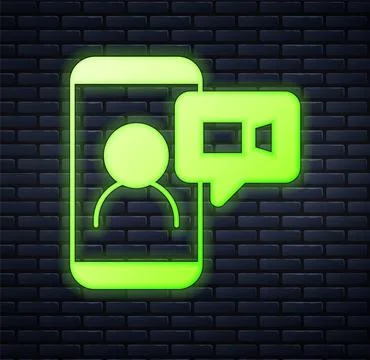Glowing neon Video chat conference icon isolated on brick wall background. On Stock Illustration