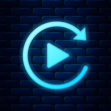Glowing neon Video play button like simple replay icon isolated on brick wall Stock Illustration