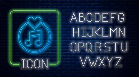 Glowing neon Vinyl disk icon isolated on brick wall background. Neon light .. Illustrazione stock