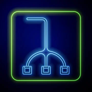 Glowing neon Walking stick cane icon isolated on blue background. Vector Illustration