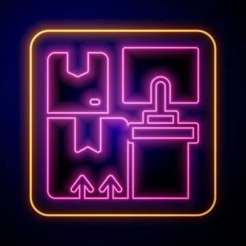 Glowing neon Warehouse interior with boxes on racks icon isolated on black Stock Illustration