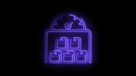 Glowing neon warehouse with stacked boxes and a gauge representing logistics Stock Footage 330871771